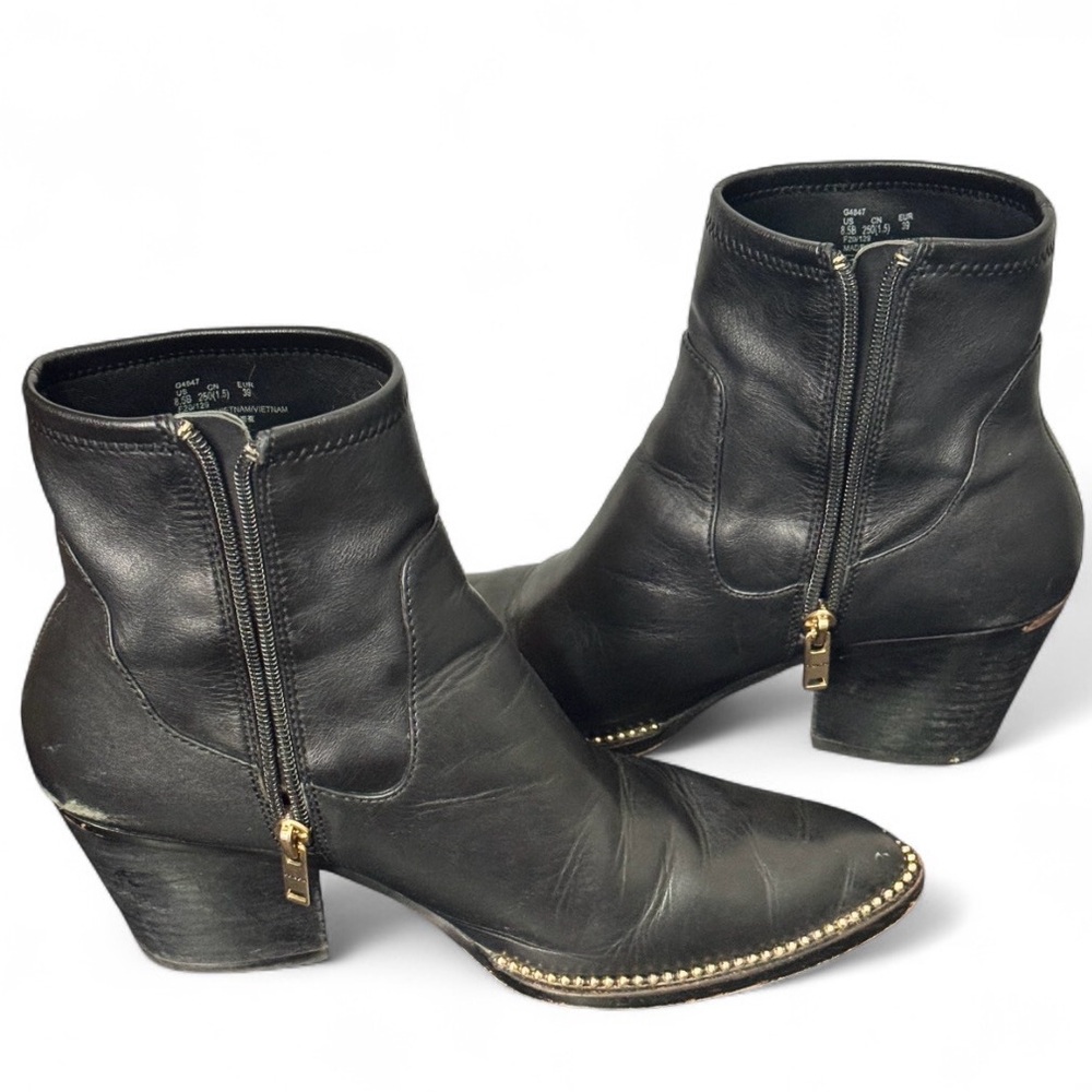 Coach Black Leather Ankle Booties Pointed Toe Block Heel Stud Sz 8.5 Mob Wife - Picture 4 of 12
